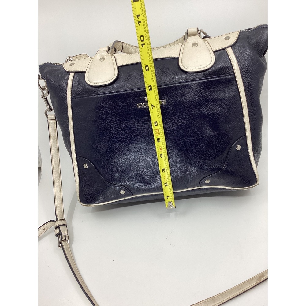 Coach Navy Blue Pebbled Leather Satchel Crossbody Bag White Trim Silver FLAWS - Picture 5 of 11
